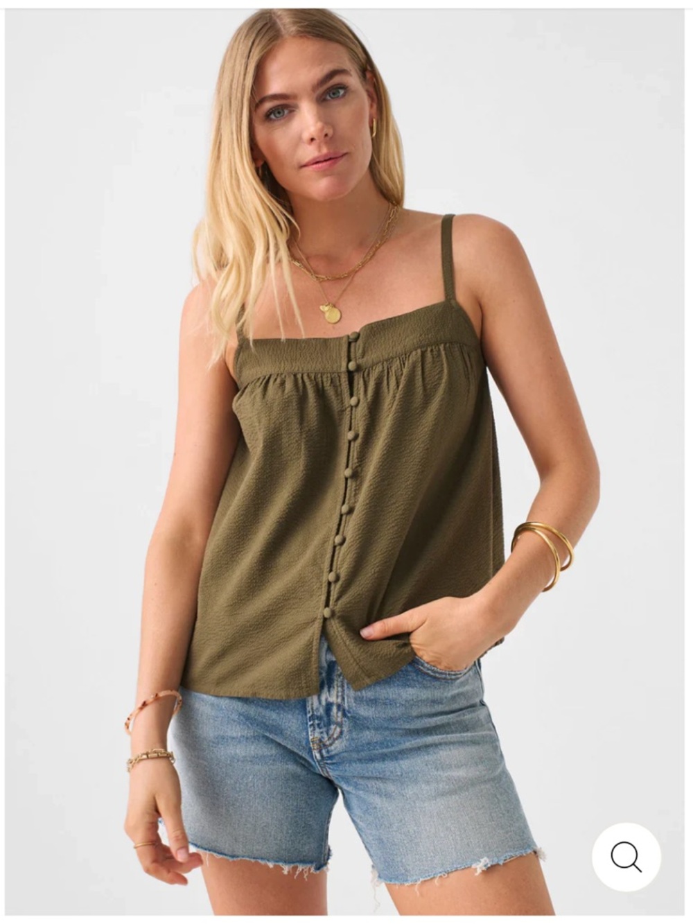 Faherty Olive Green Textured Button-Front Cami Top